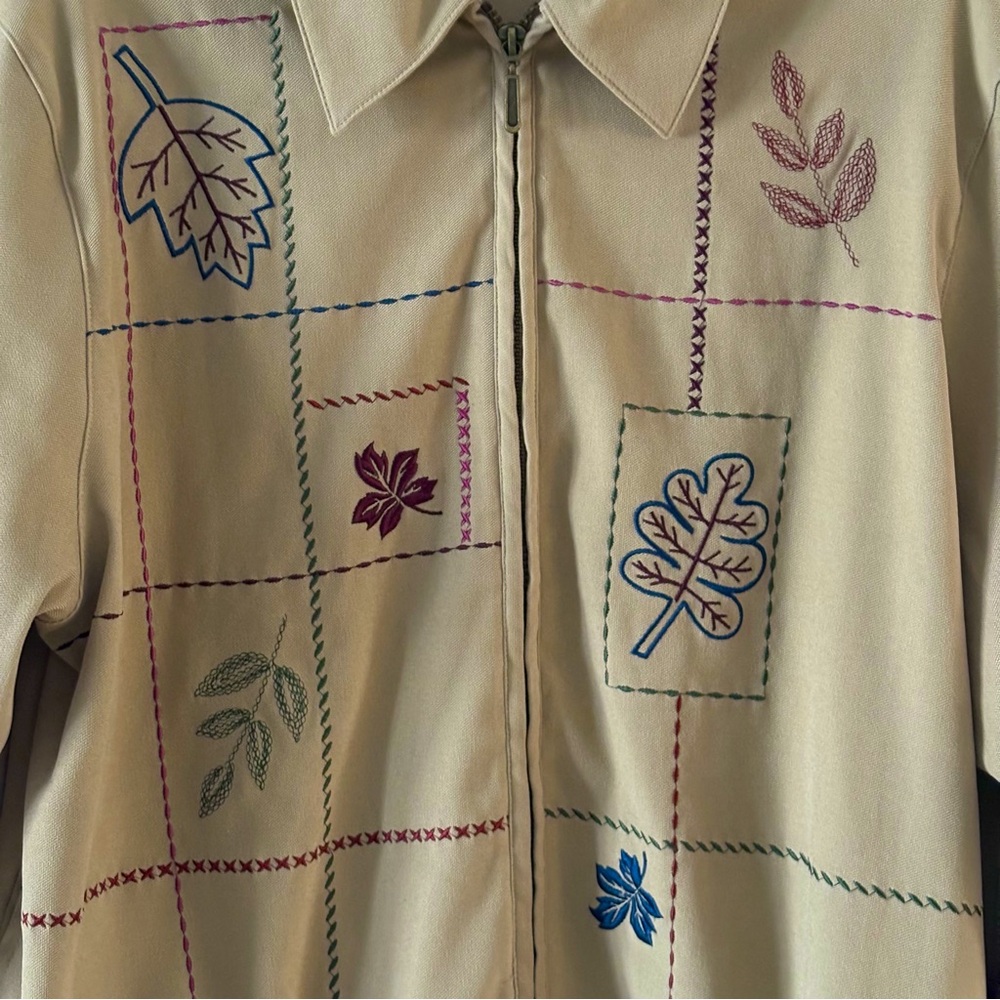 Alfred‎ Dunner Women's Zip Jacket 10P Embroidered Fall Leaves Elastic Wrist Hem